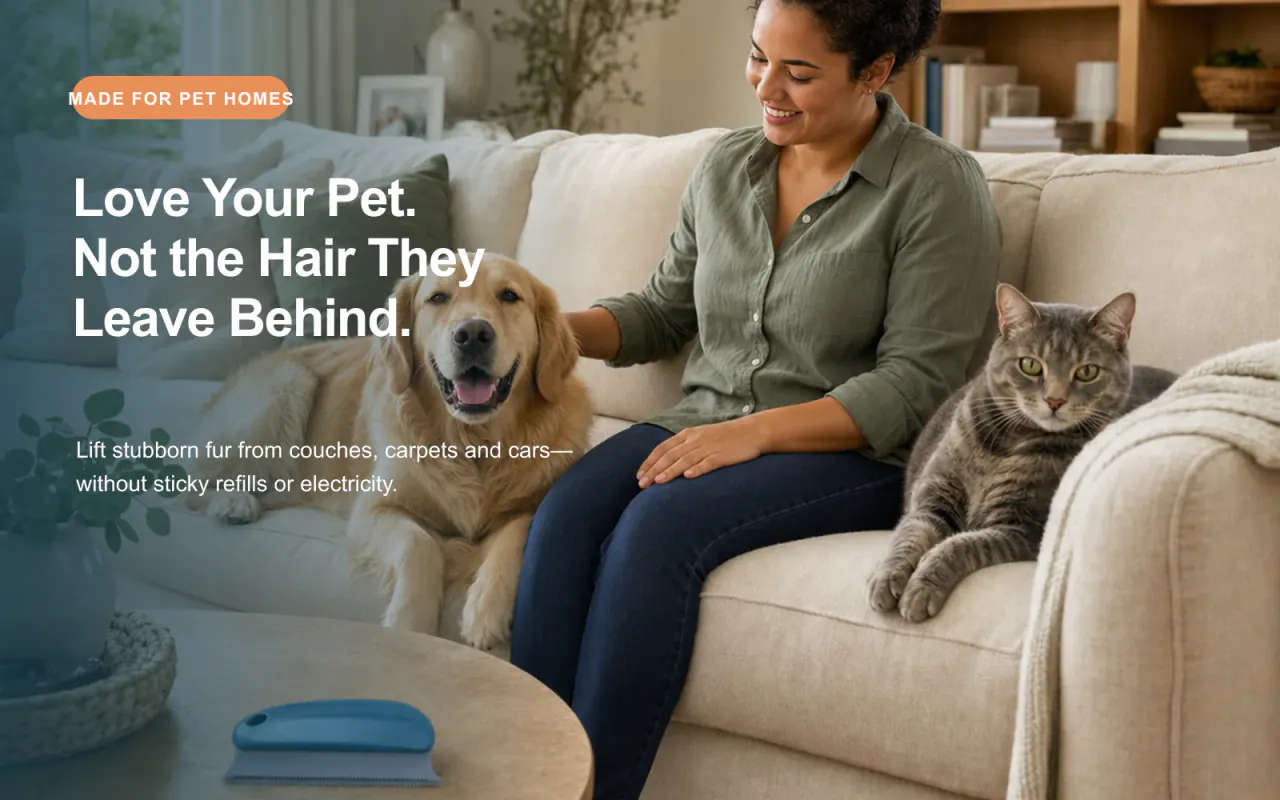 Pet owner using a dark blue pet hair remover brush on a sofa