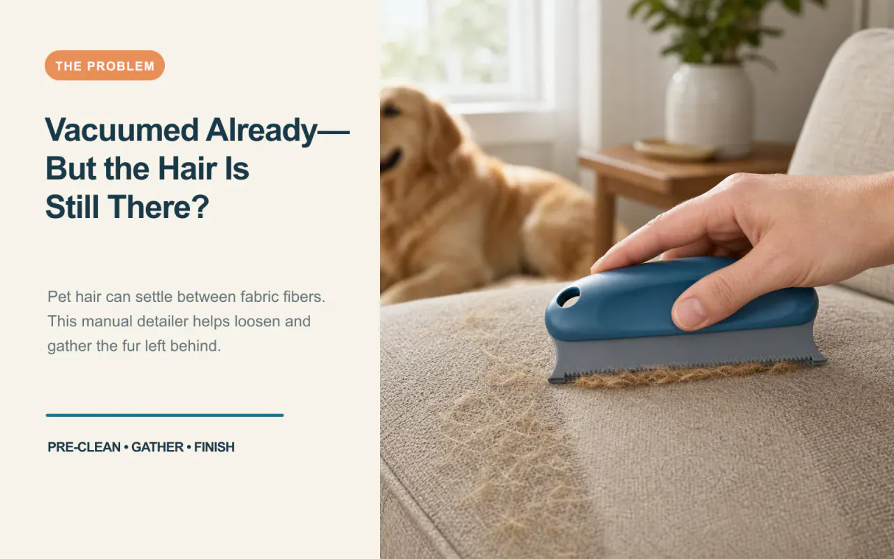Pet hair on upholstery before and after using the reusable brush