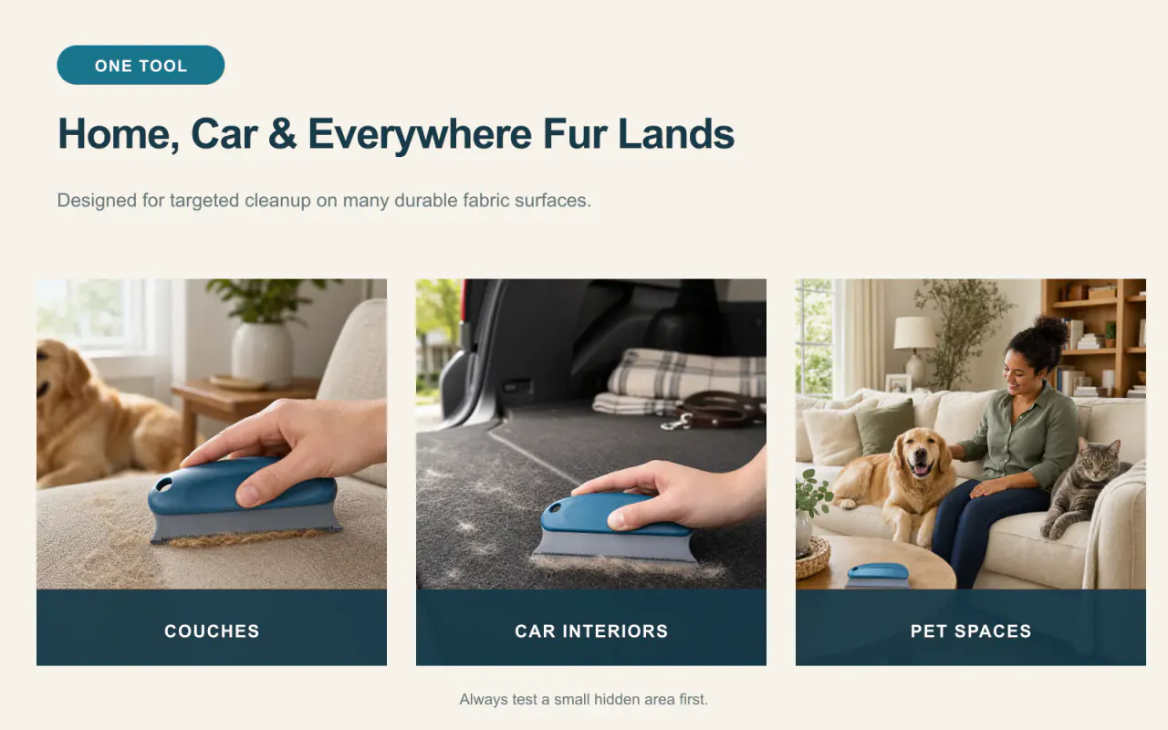 Pet hair remover brush shown for sofa carpet car seat and pet bed cleanup