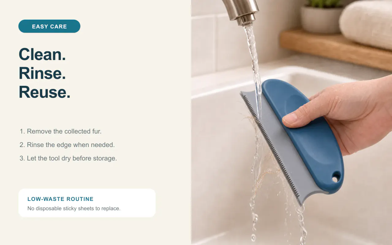 Washable dark blue pet hair remover brush being rinsed and hung to dry