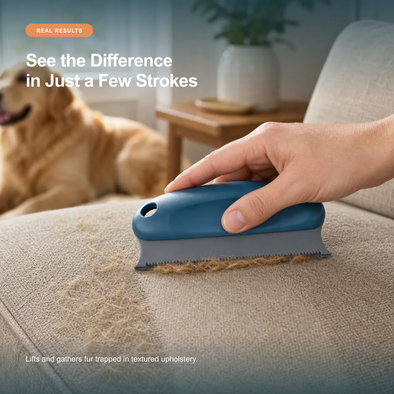 Dark blue pet hair remover brush gathering fur from a sofa