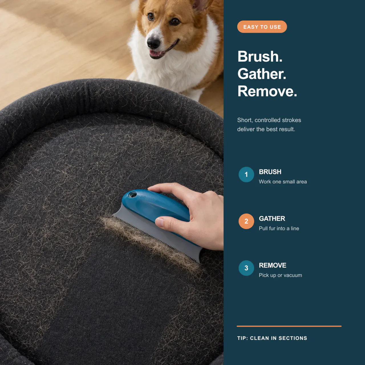 Three steps for gathering pet hair from a pet bed with the reusable brush