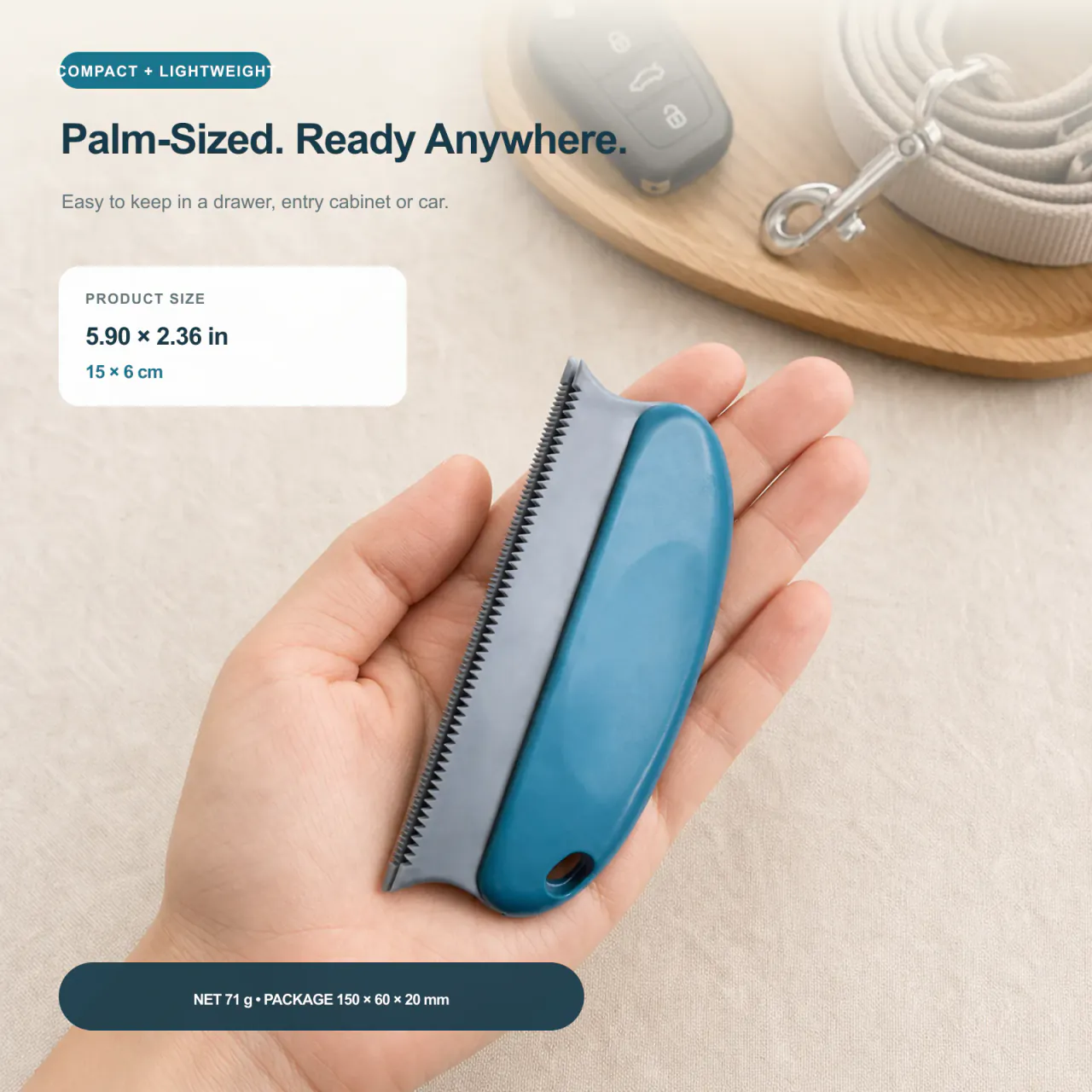 Hand holding compact 5.90 by 2.36 inch pet hair remover brush
