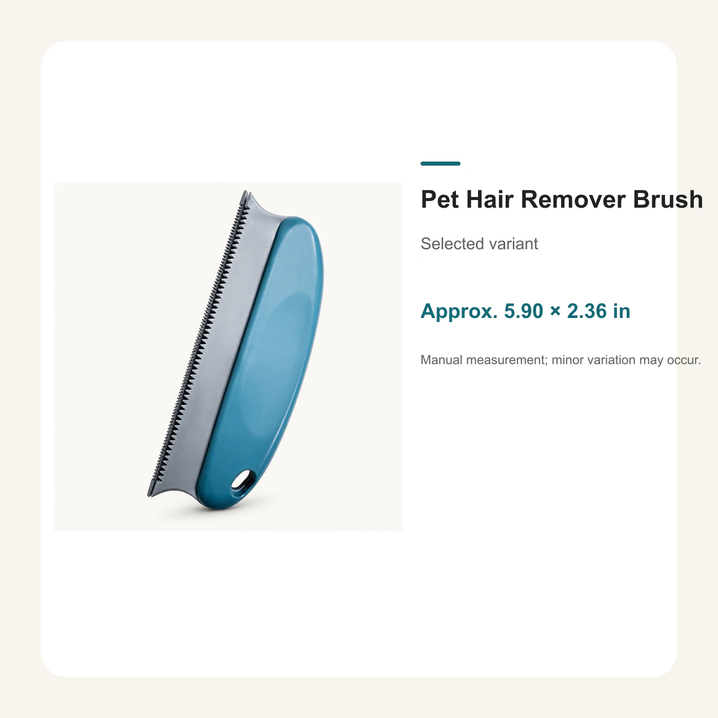 Dark blue pet hair remover brush dimensions 5.90 by 2.36 inches