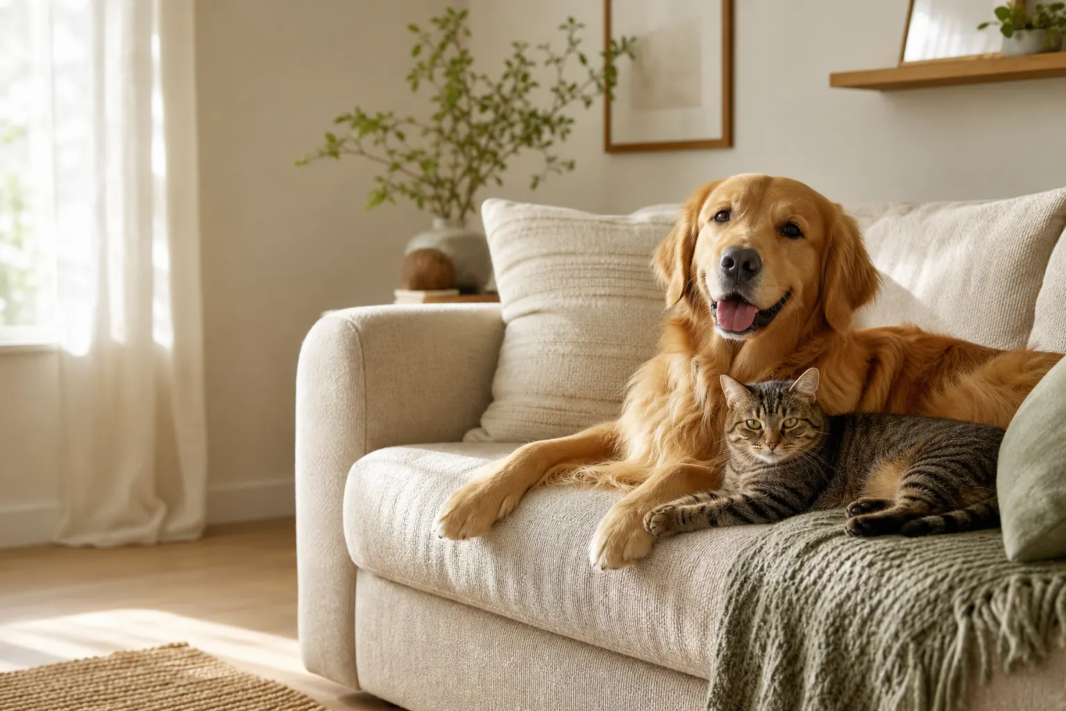 Golden retriever and tabby cat relaxing on a cream sofa